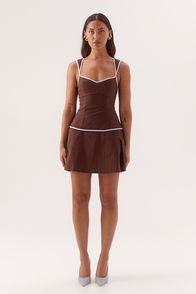 Fitted mini dress in stretch cotton with sweetheart neckline and dropped waist pleats