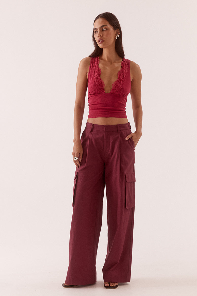 Women’s mid-rise cargo pants in lyocell cotton blend, relaxed fit straight leg with utility flap pockets, angled hip pockets and adjustable waist tabs