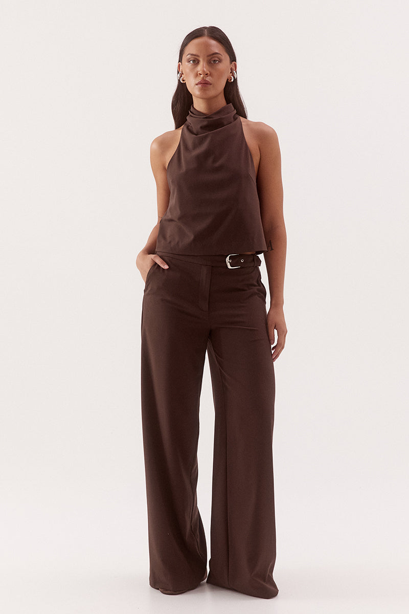 Women's bamboo blend sleeveless top with a soft cowl neckline, side neck pleats, racer back design, and relaxed fit silhouette.