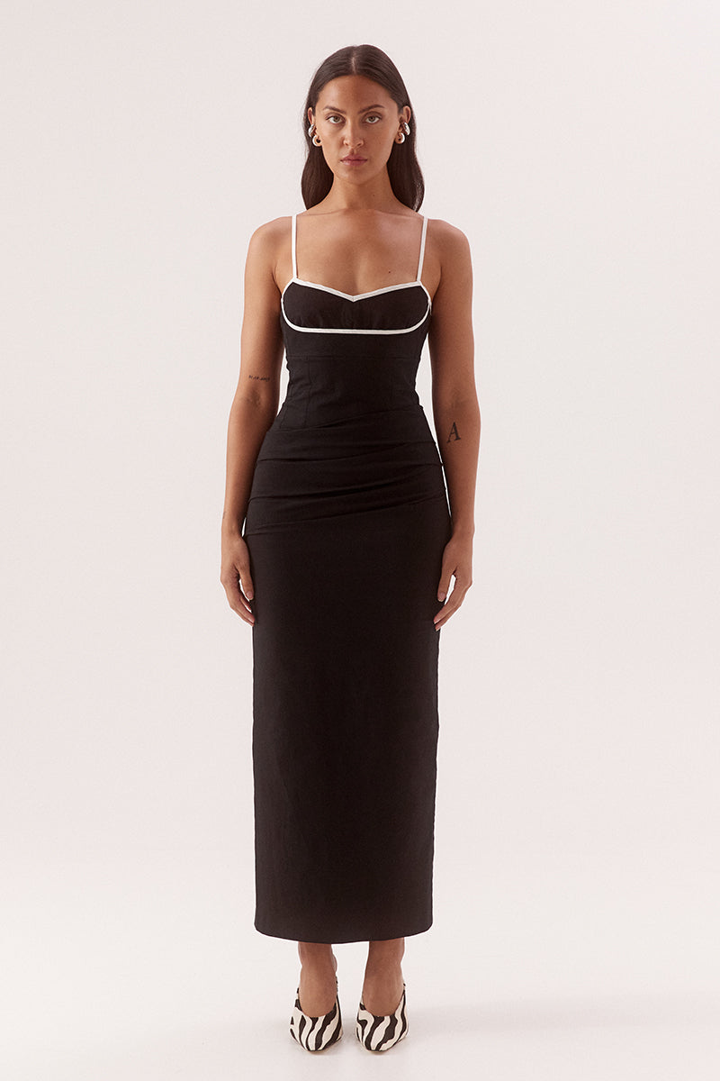 Fitted midi dress in stretch cotton with sweetheart neckline and balconette bust cups