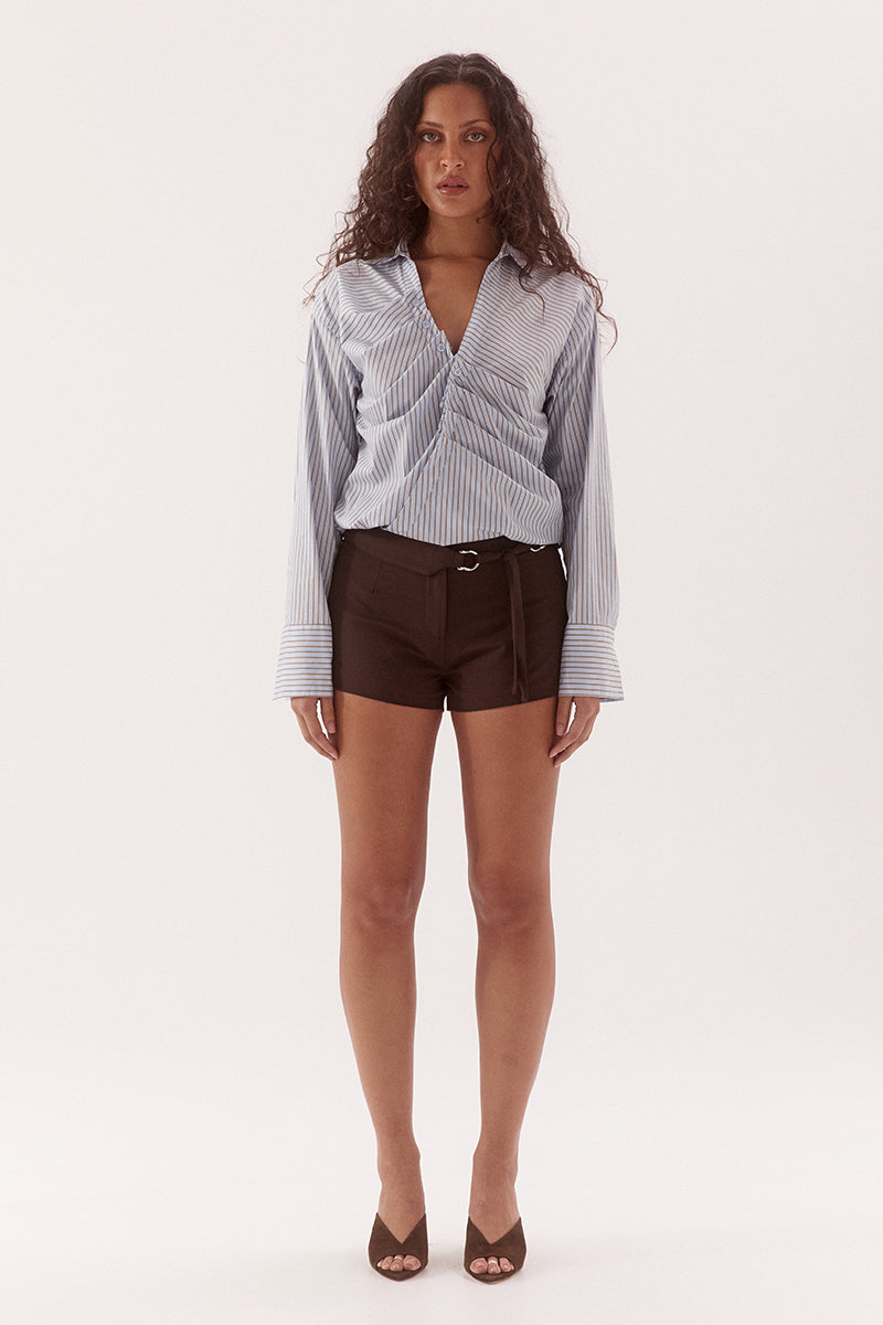 Fixed wrap shirt in cotton blend stripe with dropped shoulder and drawstring hem