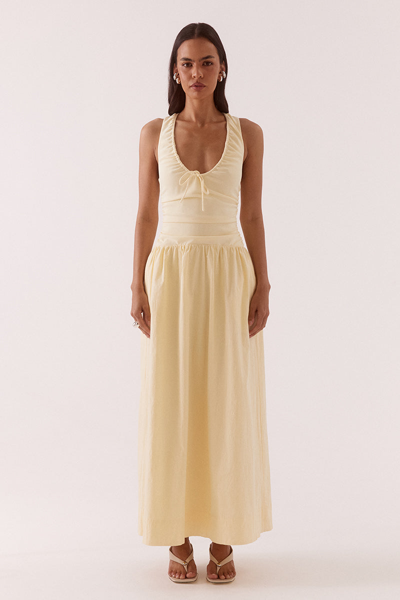 Women’s mixed fabric midi dress with stretch bodice, cotton skirt, scoop neckline with drawstring, gathered details, racer back, and side pockets.