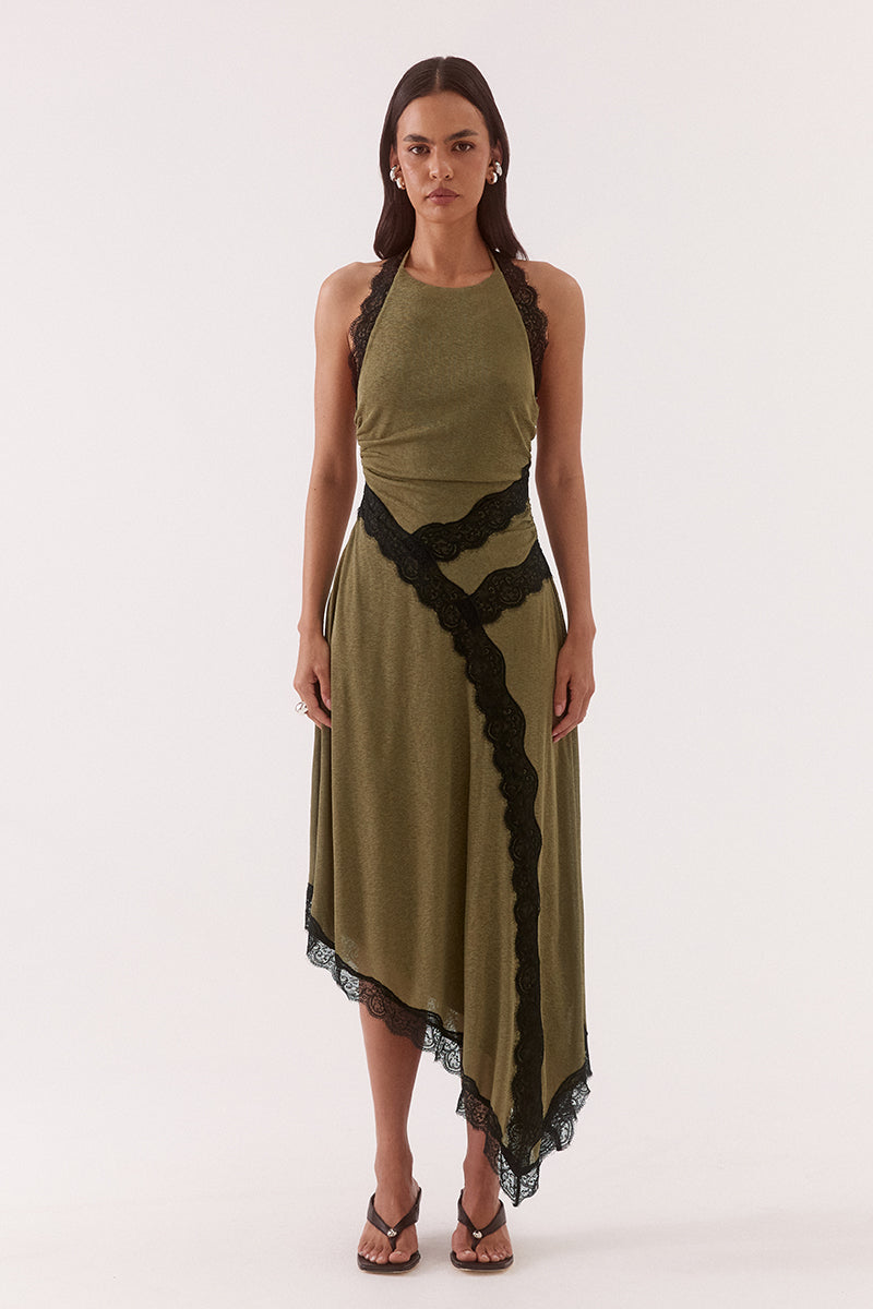Textured stretch mesh halter midi dress with lace trim, asymmetric hem, gathered waist, and tie-back scoop neckline.