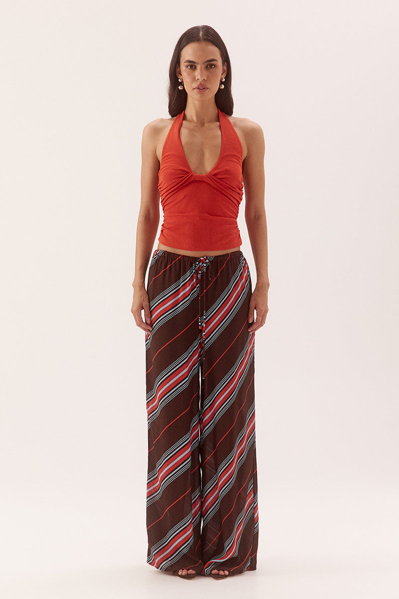 Halter neck top in textured rib mesh with scoop neckline and tucked front detail