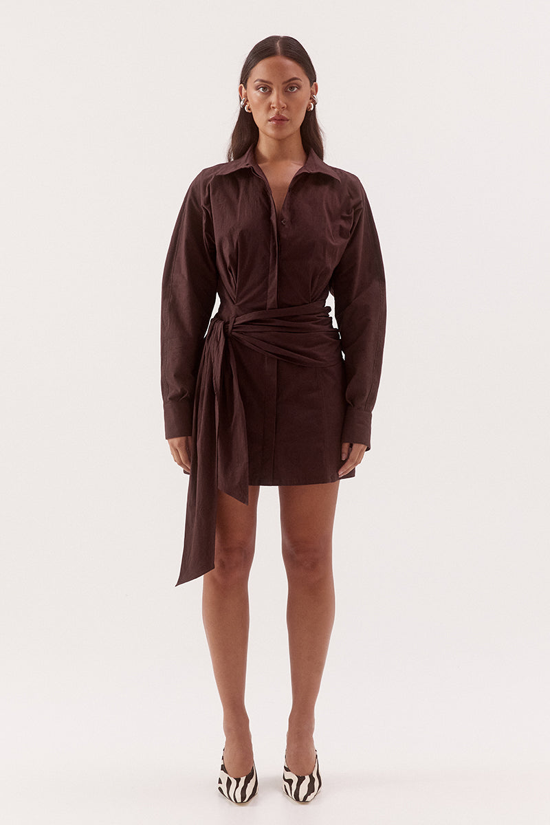 Women's cotton blend mini shirt dress with barrel sleeves, a cinched waist, concealed button front, shaping seams, and a removable fabric belt.