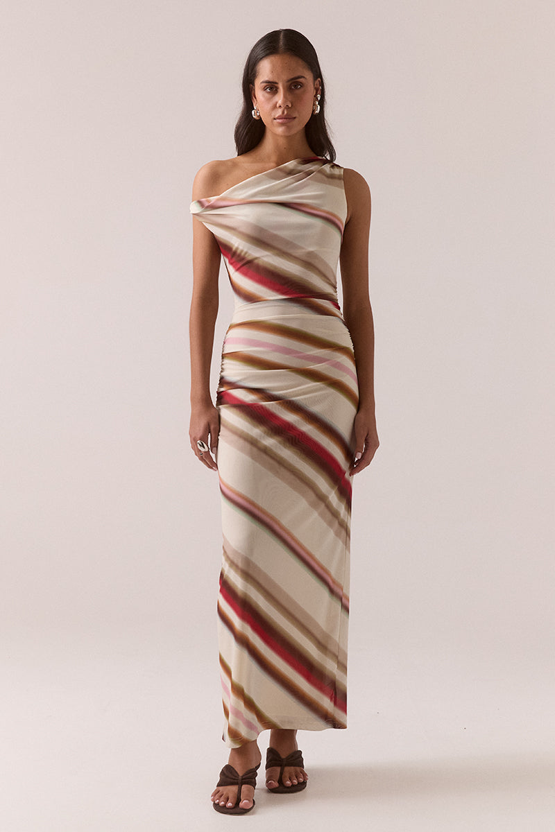 Fitted stretch mesh maxi dress in exclusive placement print with column skirt and twisted shoulder strap