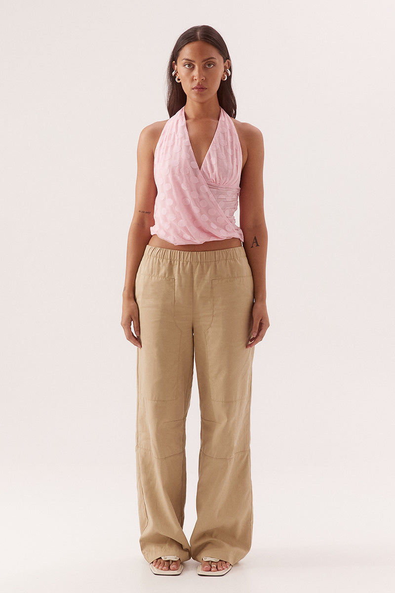Halter neck empire line top in dot stretch mesh with draped side overlay