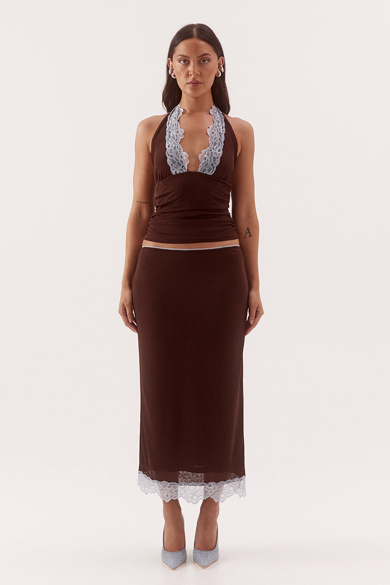 Mid-rise midi skirt in textured stretch mesh with scalloped waist trim and lace hem