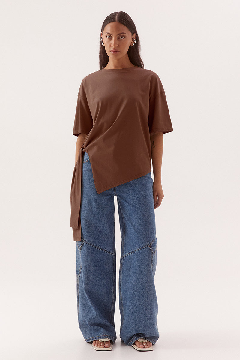 Women’s oversized cotton tee with dropped shoulders, crew neck, and side tie detail in stretch cotton fabric