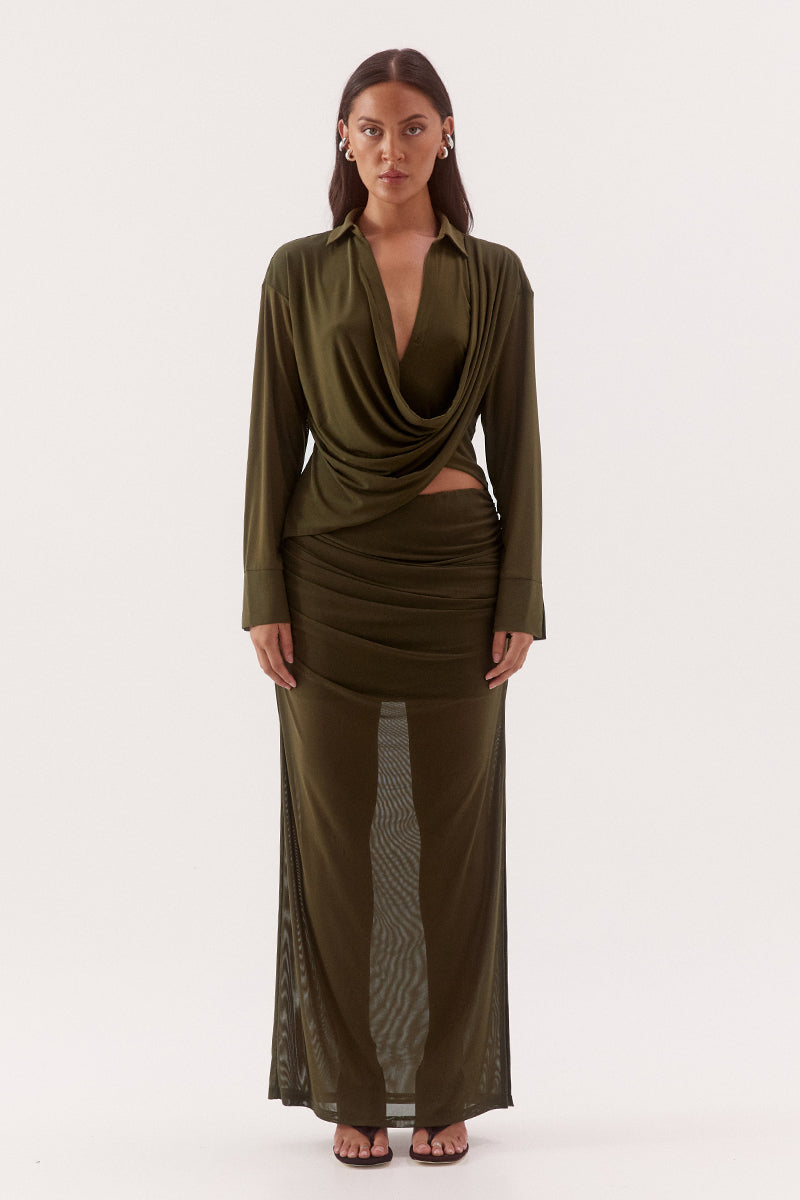 Women's stretch mesh maxi skirt with asymmetric draped overlay, elasticated waist, gathered hip detail, mini lining and side split.