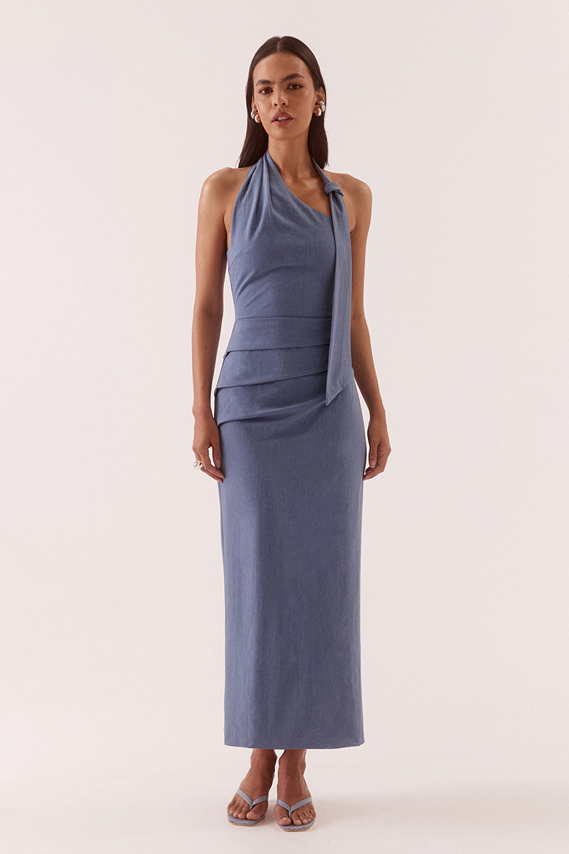 Women’s halter neck midi dress in stretch rayon blend with asymmetric neckline, sash detail, column skirt, back split, and zip closure.