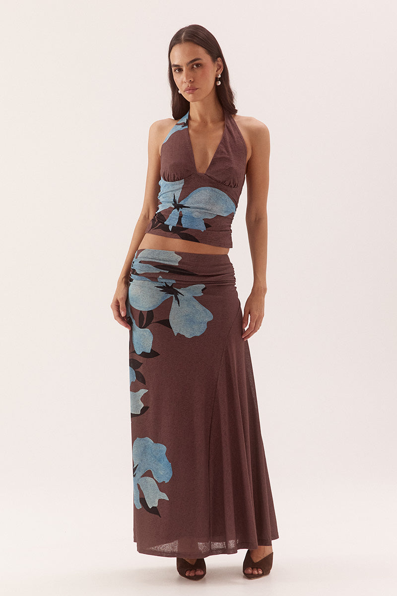 Halter neck top in stretch textured mesh with gathered bodice and V-neckline