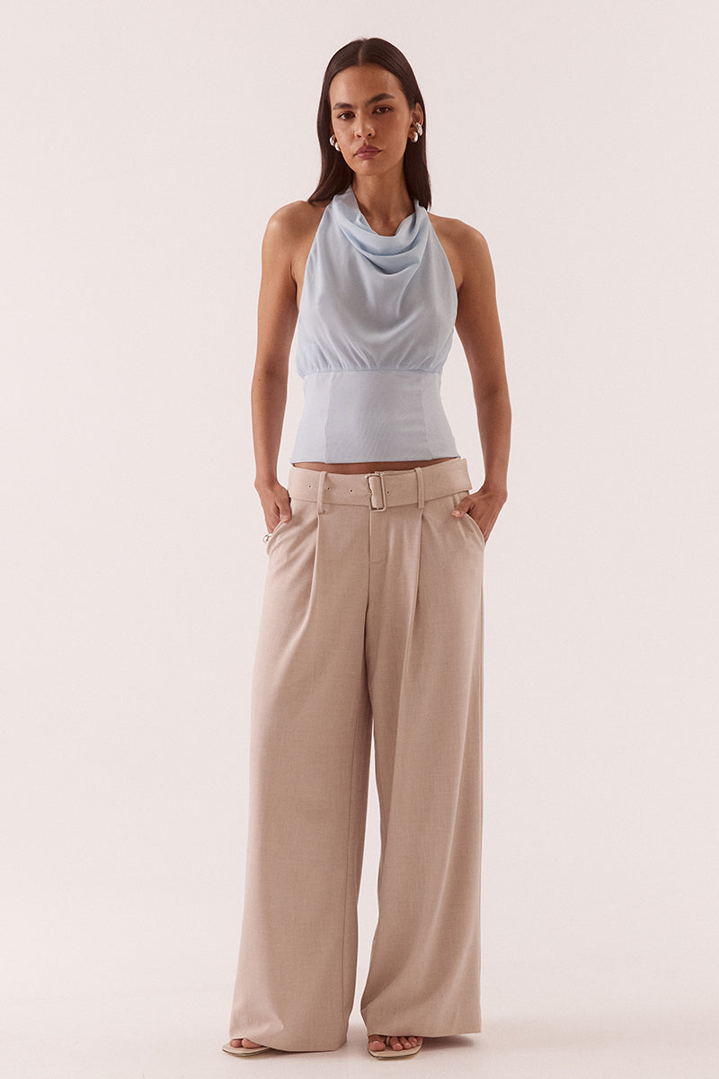 Women’s high cowl neck top with chiffon upper, textured stretch waistband, soft gathers at bust, back keyhole detail, and side zip closure.