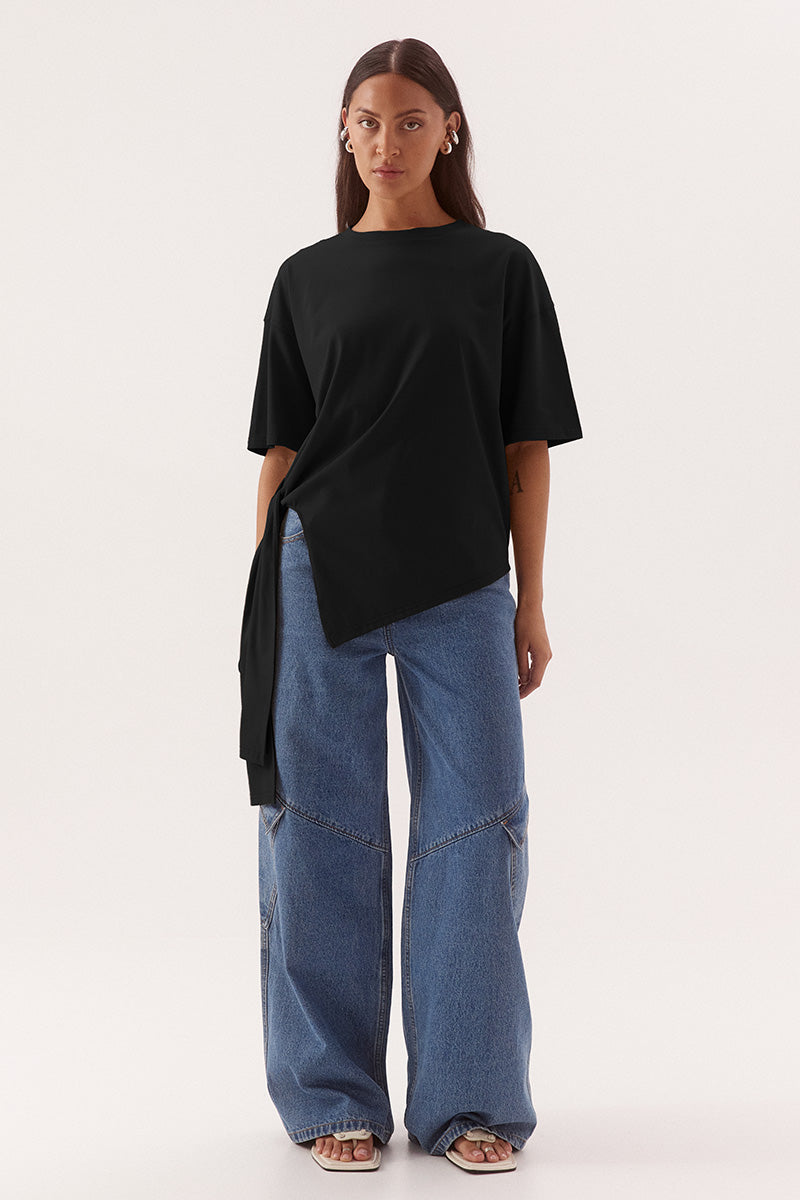 Women’s oversized cotton tee with dropped shoulders, crew neck, and side tie detail in stretch cotton fabric