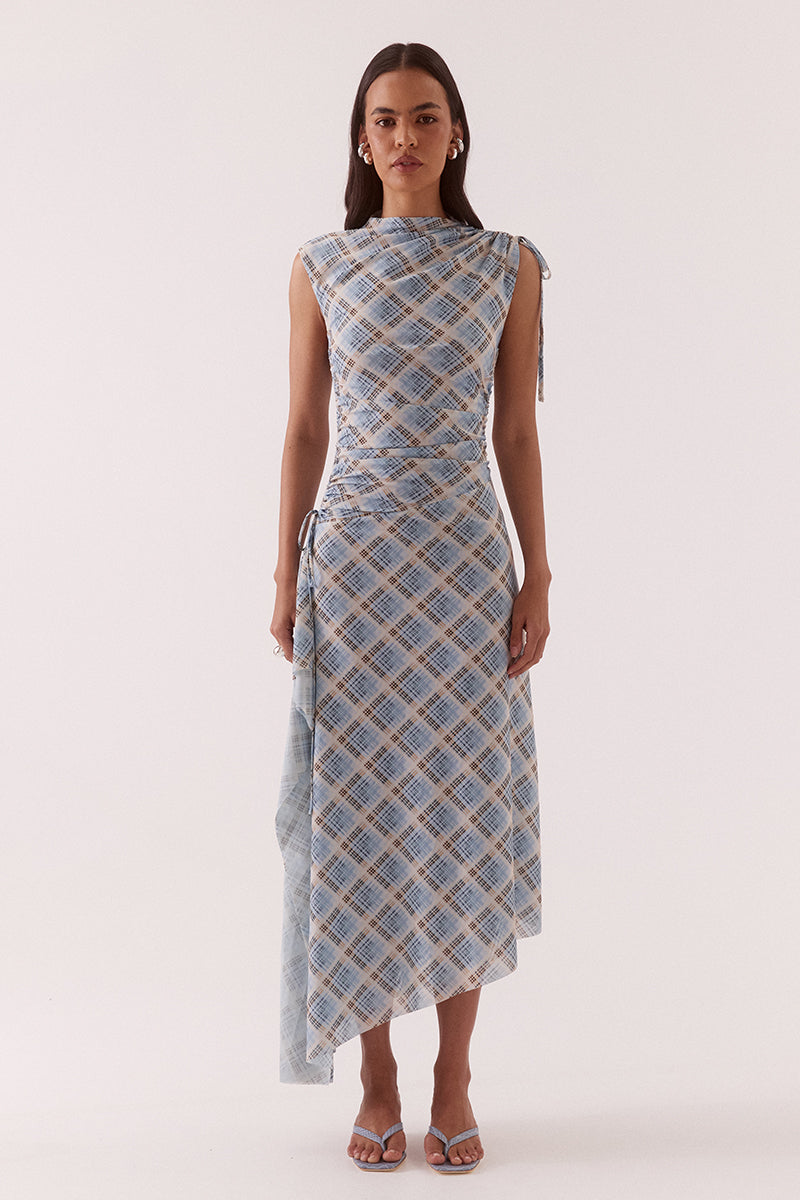 Women’s asymmetric printed stretch mesh midi dress with high neck, drawstring shoulder and waist details, waterfall panel, side split, and lined fit.