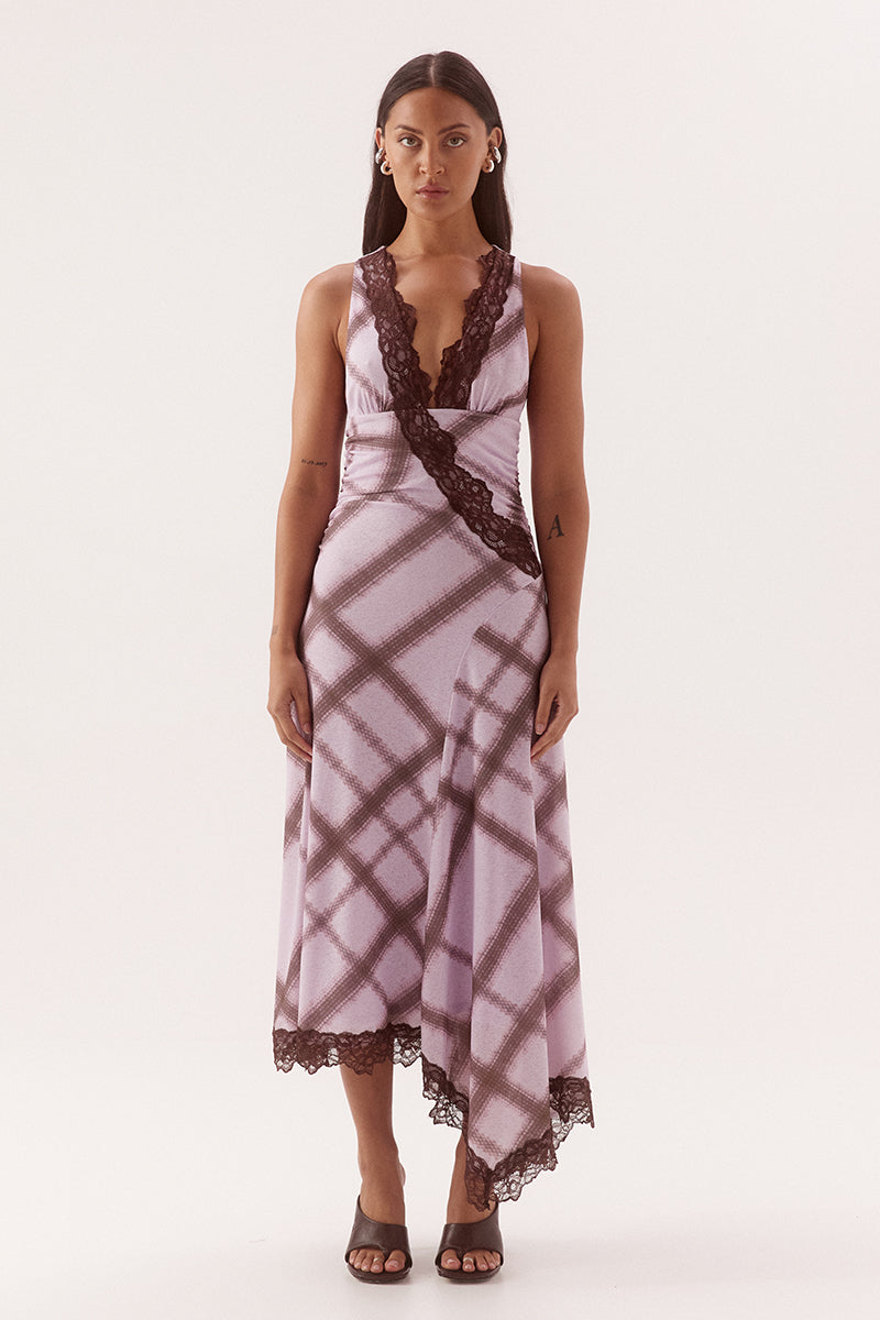 Women's exclusive print textured stretch mesh sleeveless midi dress with plunge neckline, empire waist, asymmetric hem and lace trim.