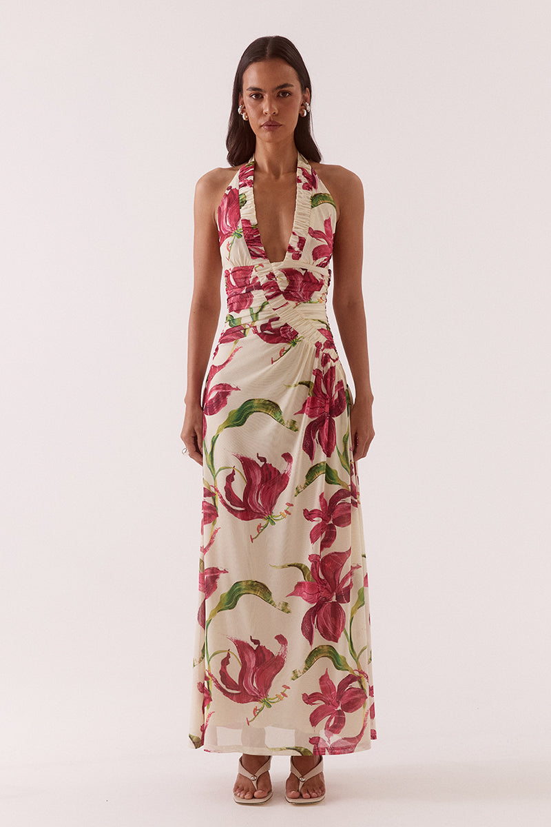 Women’s halter neck stretch mesh maxi dress with empire waist, gathered body detail, back neck tie and exclusive print