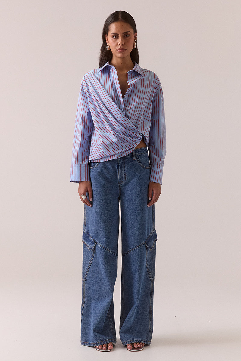 Cotton-blend striped wrap shirt with dropped shoulder and adjustable wide cuffs
