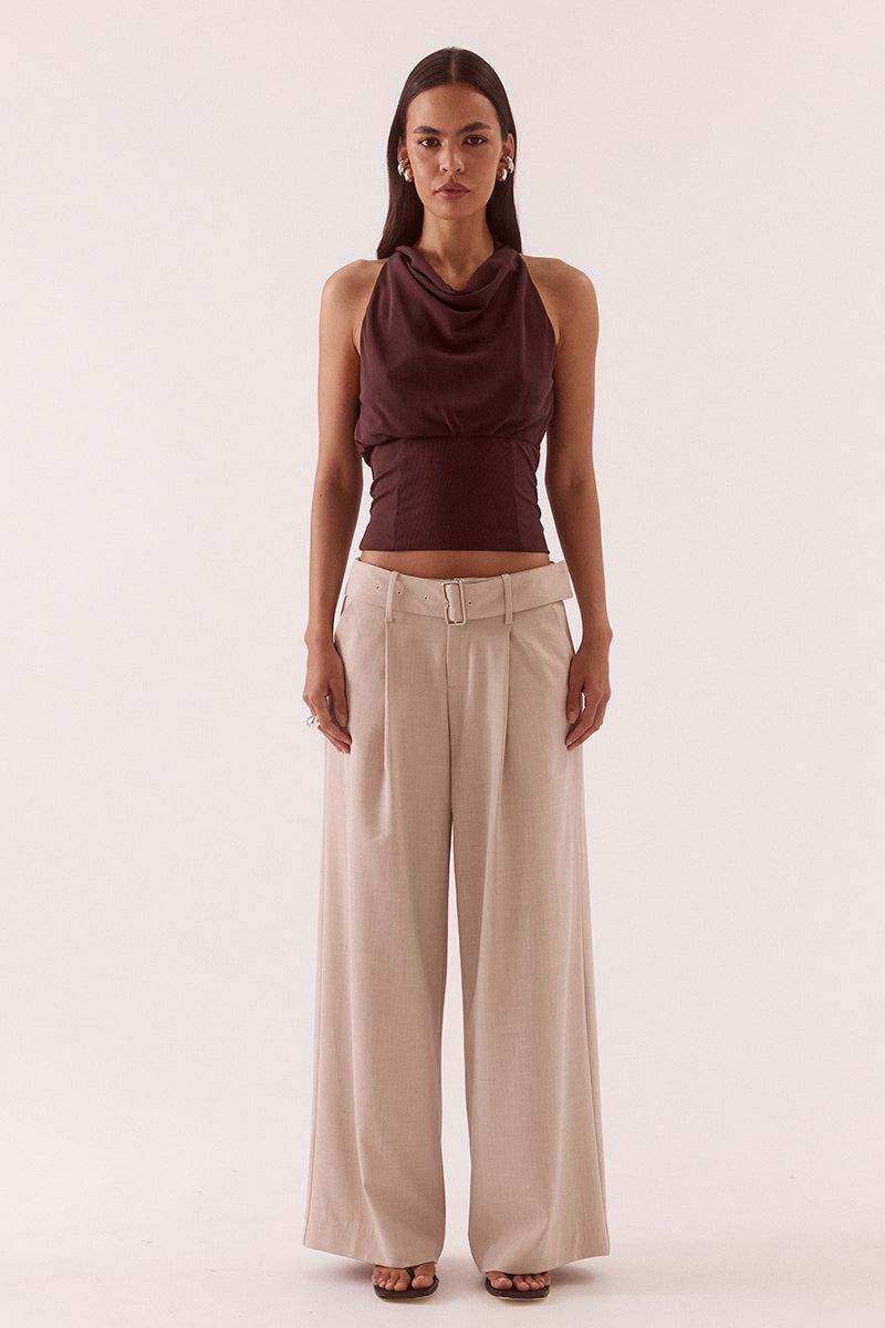 Women’s high cowl neck top with chiffon upper, textured stretch waistband, soft gathers at bust, back keyhole detail, and side zip closure.