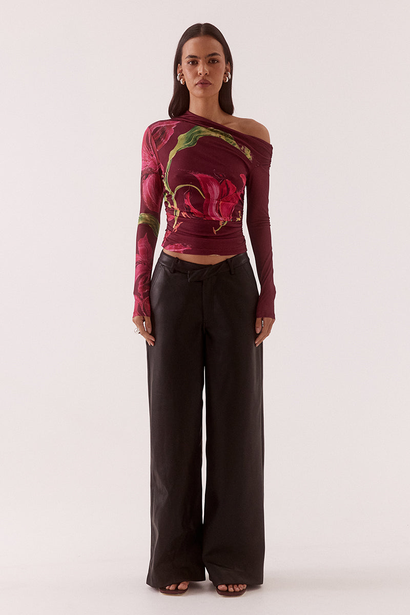 Women’s off-shoulder stretch mesh top with asymmetric high neck, long sleeves, and gathered waist detail in exclusive placement print, fitted silhouette, fully lined