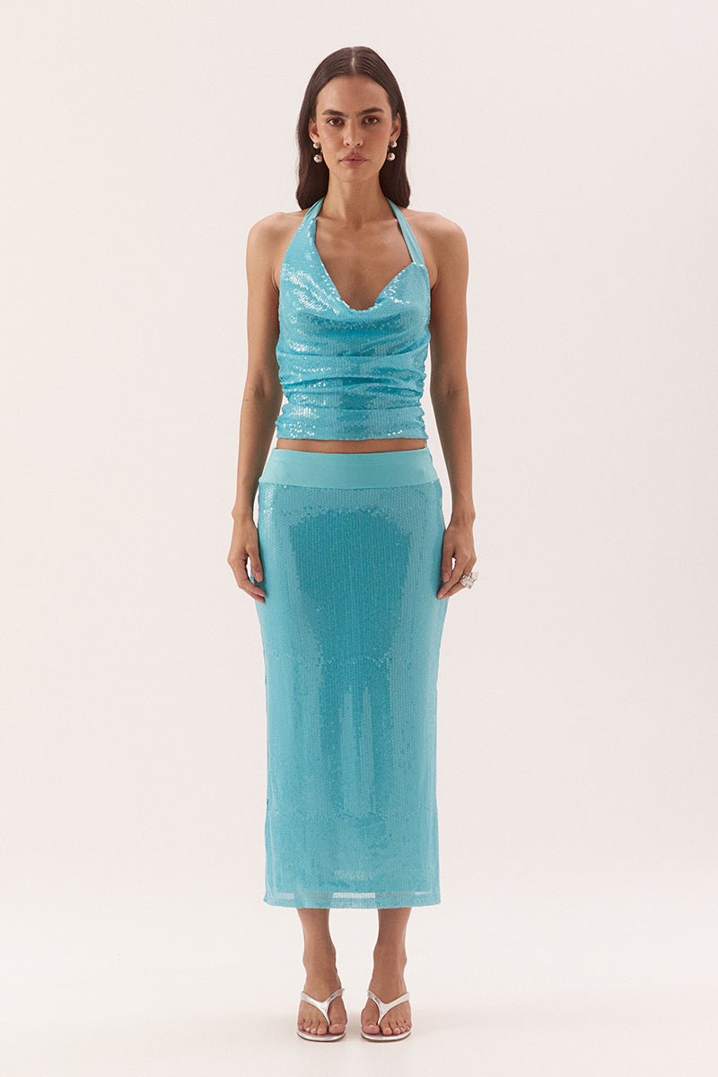 Mid-rise sequin midi skirt with wide waistband and side split