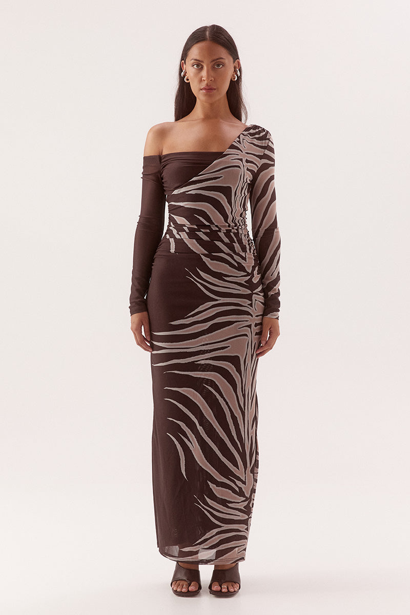 Women's fitted stretch mesh midi dress in exclusive print with asymmetric off-shoulder neckline, ruched bodice, long sleeves, and side split detail.