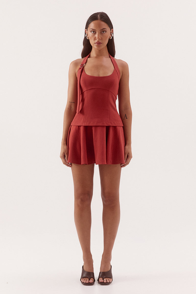 Black halter neck mini dress with adjustable strap, silver D ring detail, shaped bodice and soft gathered Lyocell skirt