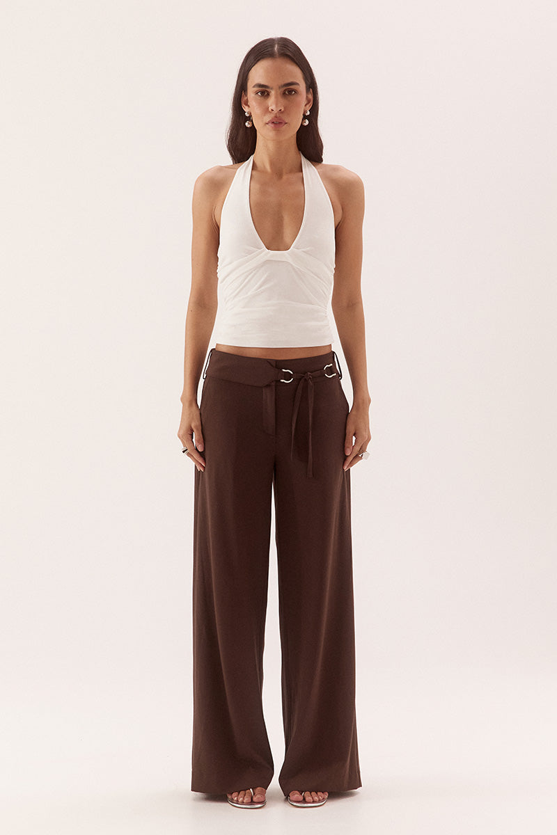 Halter neck top in textured rib mesh with scoop neckline and tucked front detail
