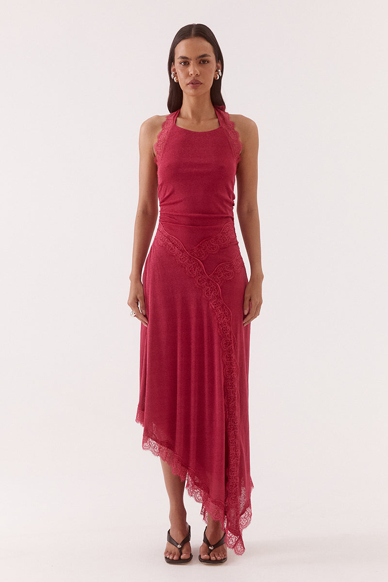 Textured stretch mesh halter midi dress with lace trim, asymmetric hem, gathered waist, and tie-back scoop neckline.