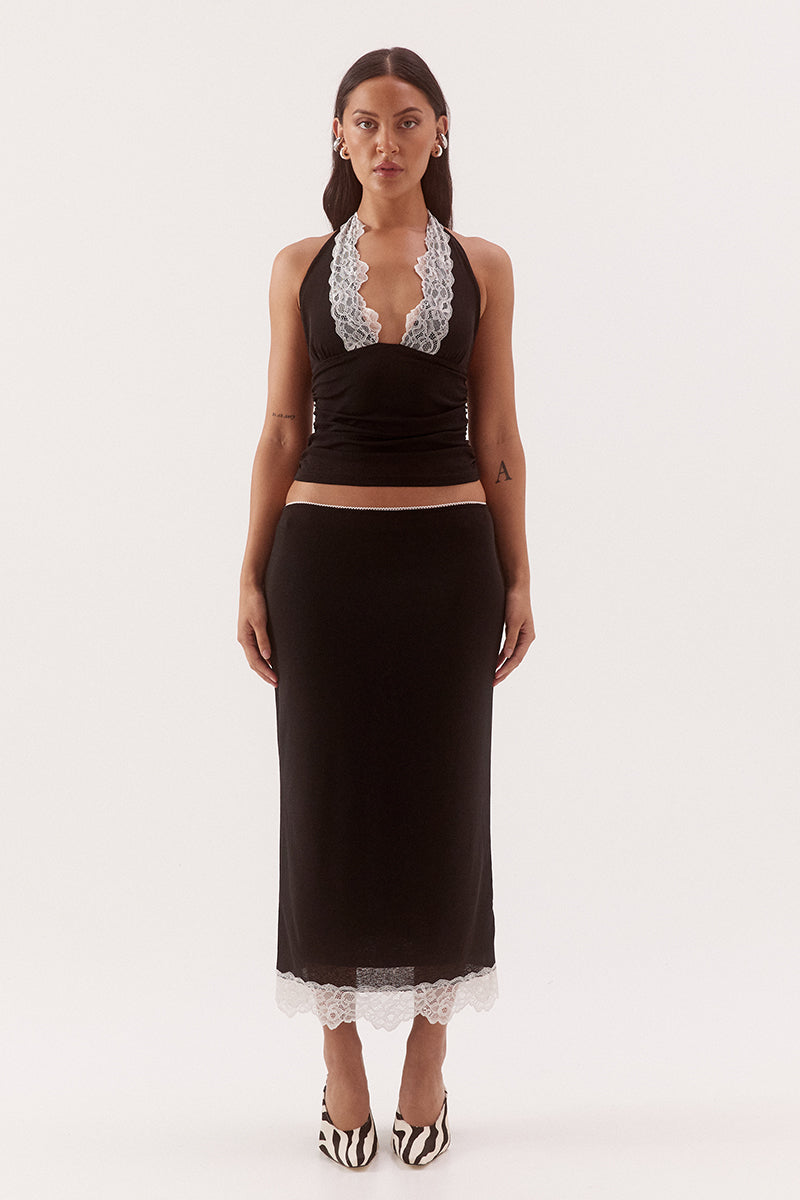 Mid-rise midi skirt in textured stretch mesh with scalloped waist trim and lace hem