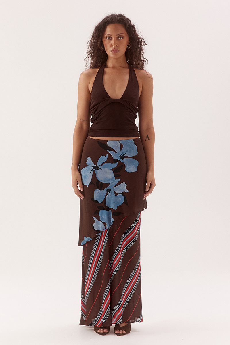 Bias cut slip skirt with asymmetric hem overlay and contrast removable lining in exclusive print