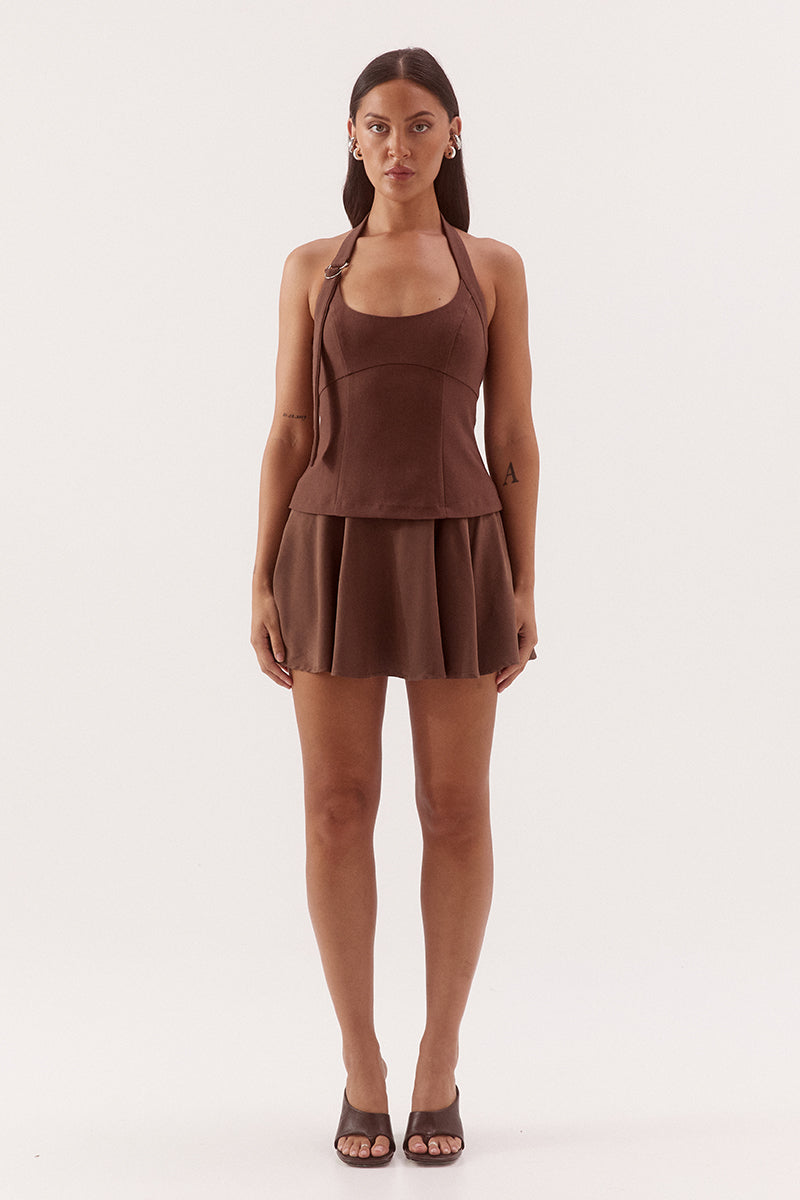 Black halter neck mini dress with adjustable strap, silver D ring detail, shaped bodice and soft gathered Lyocell skirt