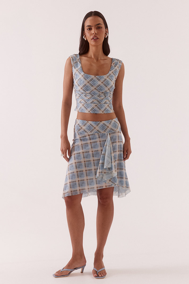 Women’s mid-rise midi skirt in exclusive printed stretch mesh with asymmetric hem, off-centre waterfall panel, elasticated waist, and fully lined pull-on fit