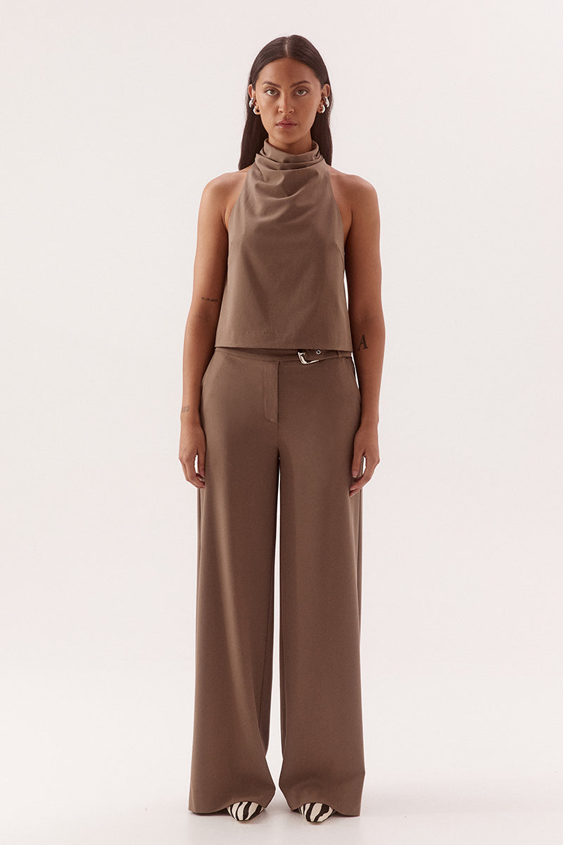 Women's bamboo blend sleeveless top with a soft cowl neckline, side neck pleats, racer back design, and relaxed fit silhouette.