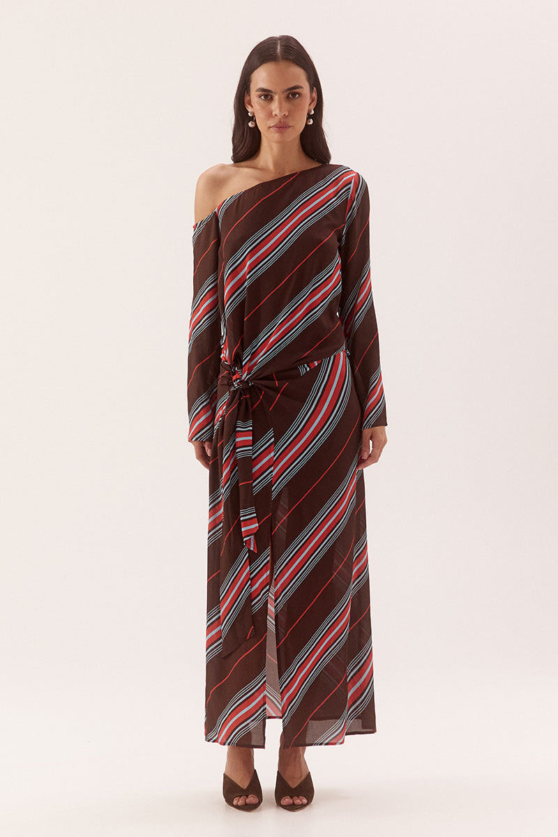 Off-shoulder maxi dress in woven viscose with exclusive in-house print, long sleeves and drop waist tie
