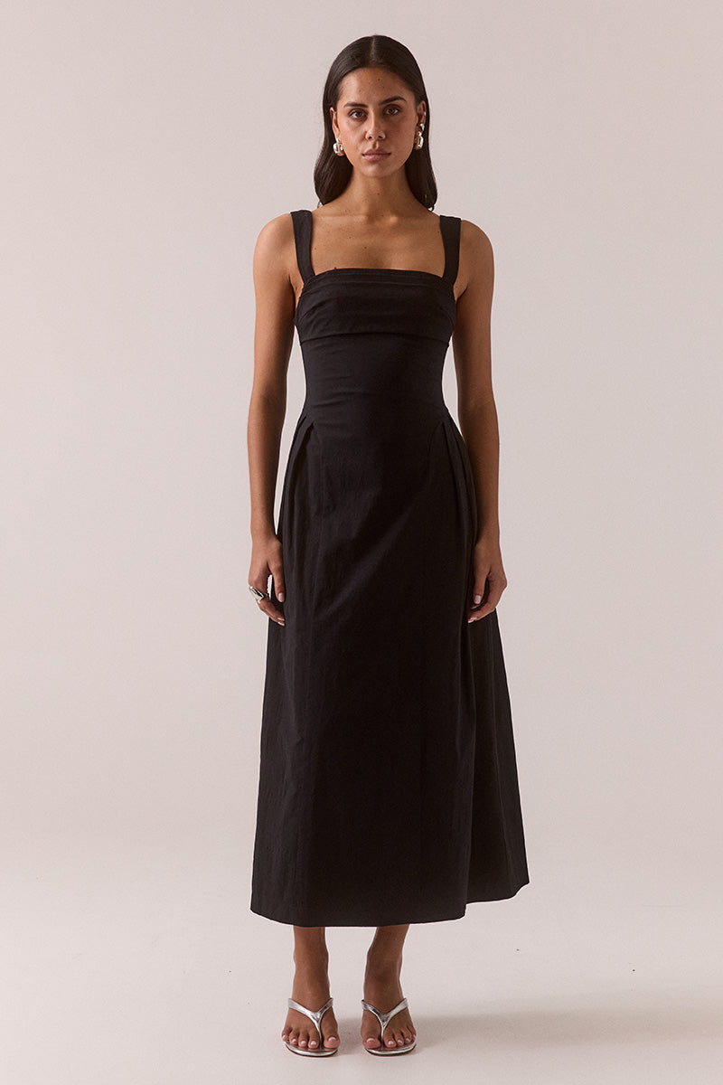 Women’s fit and flare midi dress in stretchy cotton blend with balconette neckline, layered tuck details, curved skirt panels, adjustable wide straps, and hidden side pockets.