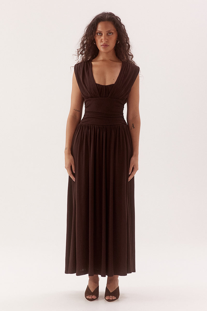 Empire line cami midi dress in stretch textured mesh with sweetheart neckline and gathered skirt