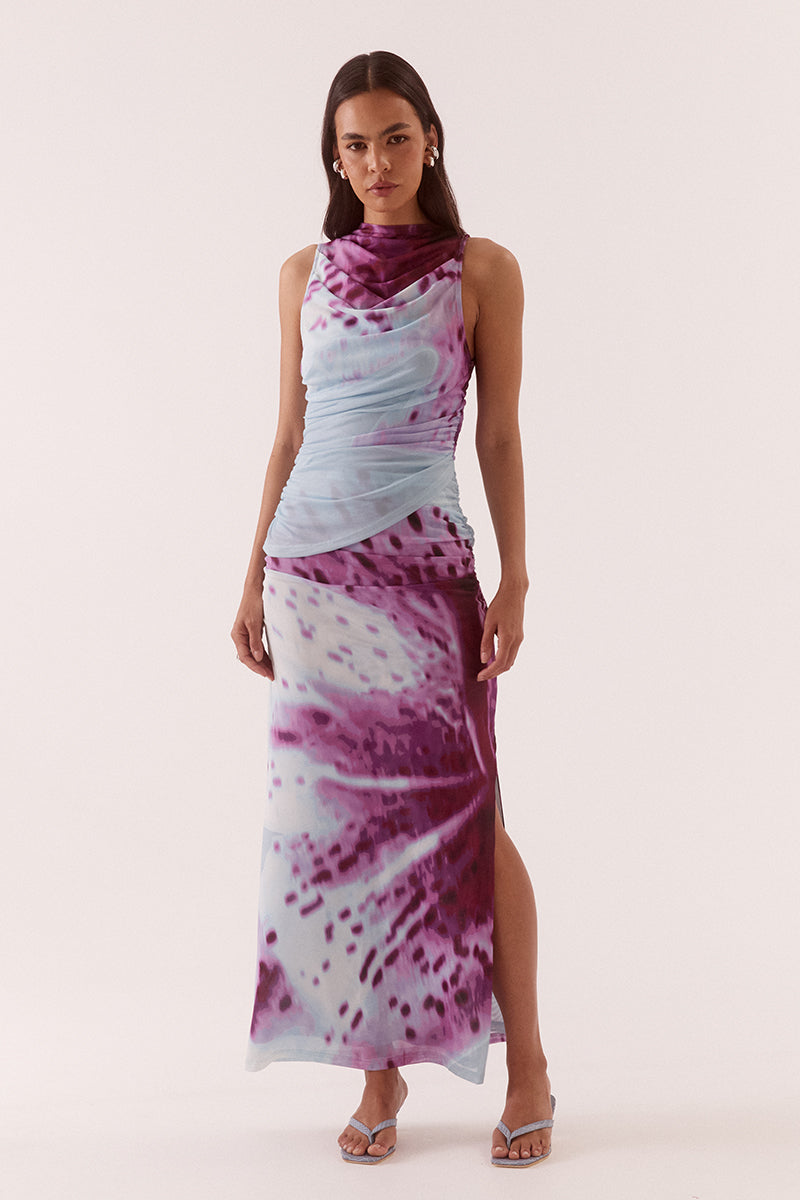 Women’s sleeveless stretch mesh maxi dress with exclusive print, asymmetric layered bodice, gathered hips, side split, and built-in bralette support.