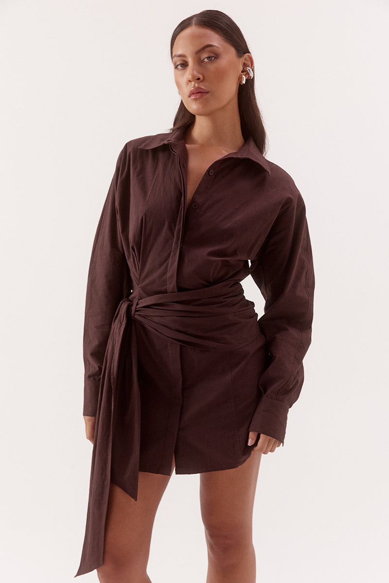 Women's cotton blend mini shirt dress with barrel sleeves, a cinched waist, concealed button front, shaping seams, and a removable fabric belt.