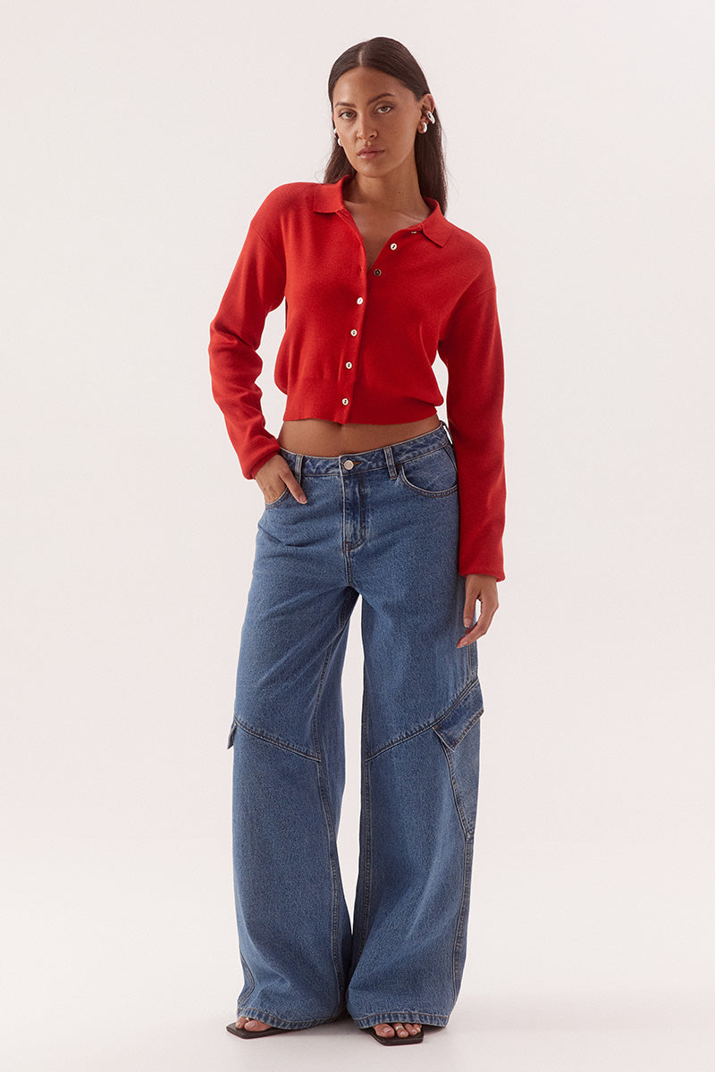 Fully fashioned long sleeve knit top with collared neckline and button-front closure