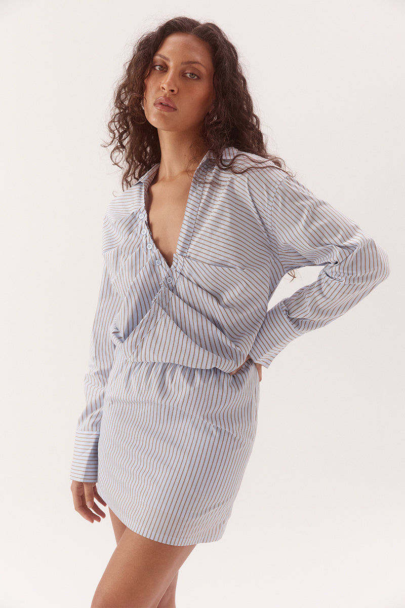 Fixed wrap shirt mini dress in cotton blend stripe with dropped shoulder and wide cuffs