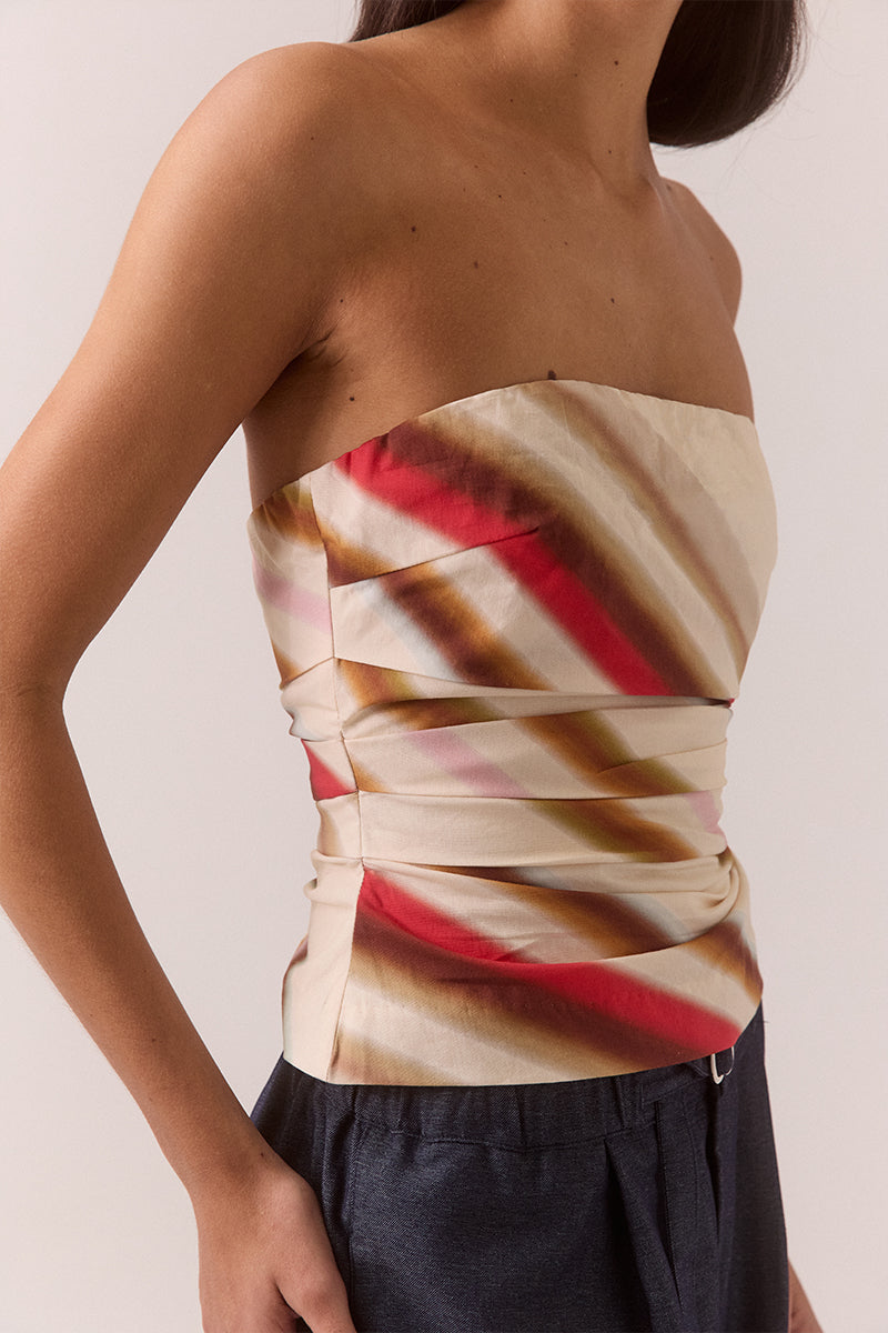 Strapless stretch cotton top in exclusive placement print with elasticated edge and side zipper