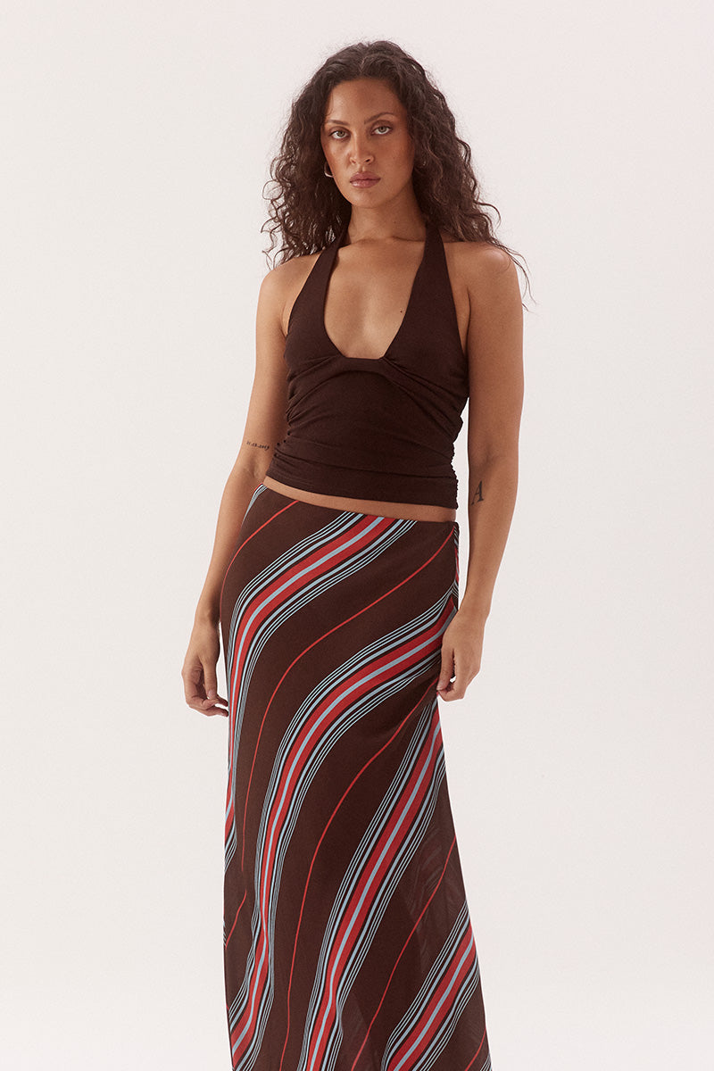 Halter neck top in textured rib mesh with scoop neckline and tucked front detail