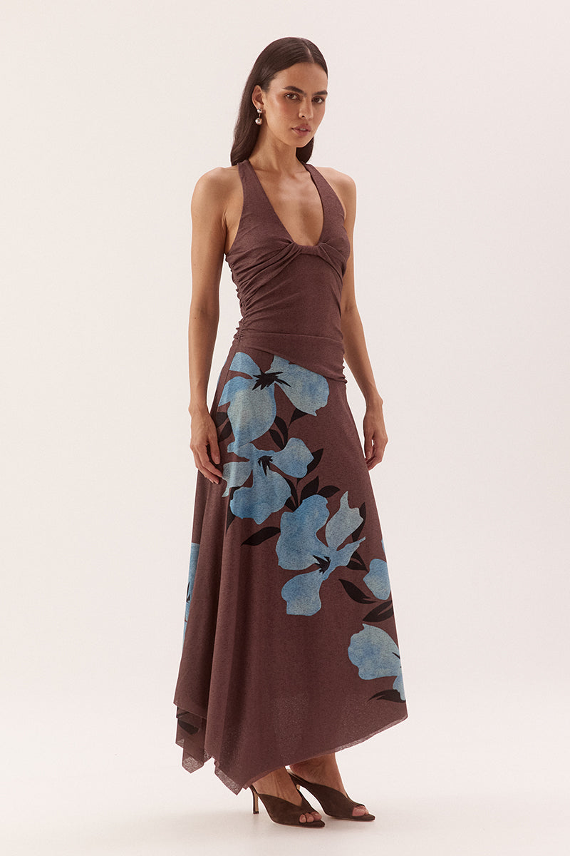 Dropped waist maxi dress in stretch textured mesh with asymmetric hem and scoop neckline