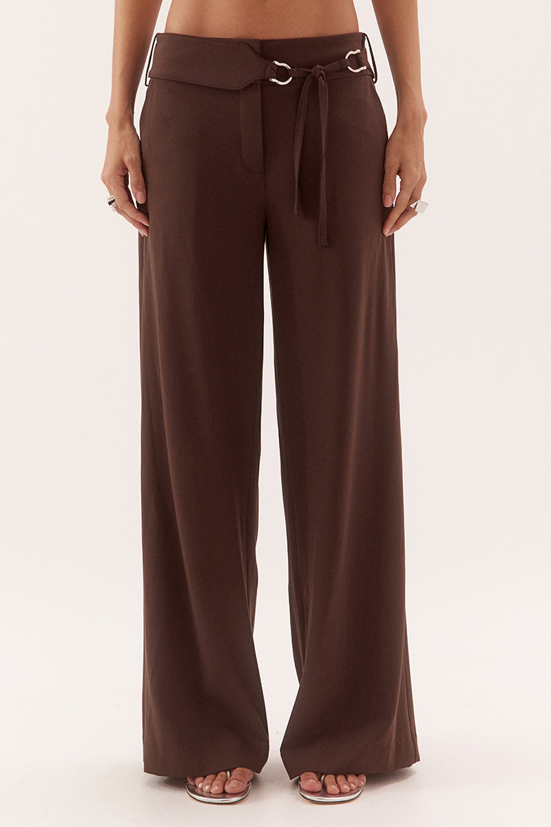 Mid-rise straight leg pants in stretch woven rayon with wide waistband and D-ring belt