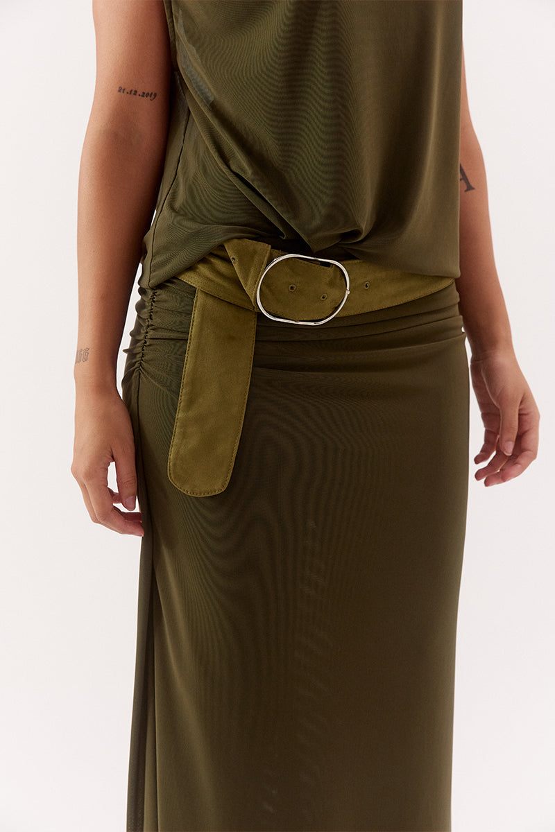 Women's stretch mesh sleeveless midi dress with sheer tank bodice, multiway neckline, gathered column skirt, built-in bralette and suede belt.
