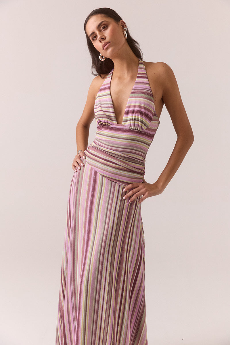Women’s halter maxi dress with exclusive print, textured stretch mesh fabric, gathered bodice, V-neckline, asymmetric dropped waist, side split, and asymmetric hem