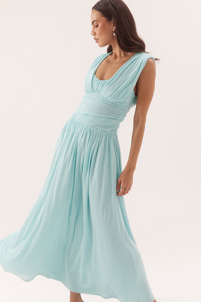 Empire line cami midi dress in stretch textured mesh with sweetheart neckline and gathered skirt