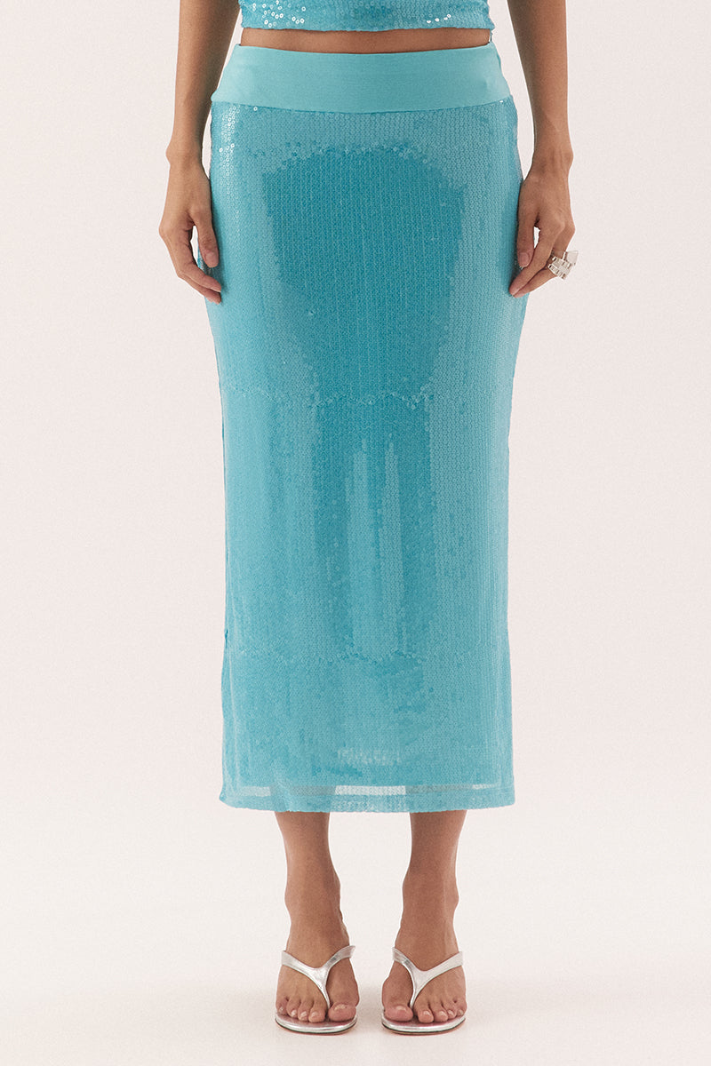 Mid-rise sequin midi skirt with wide waistband and side split