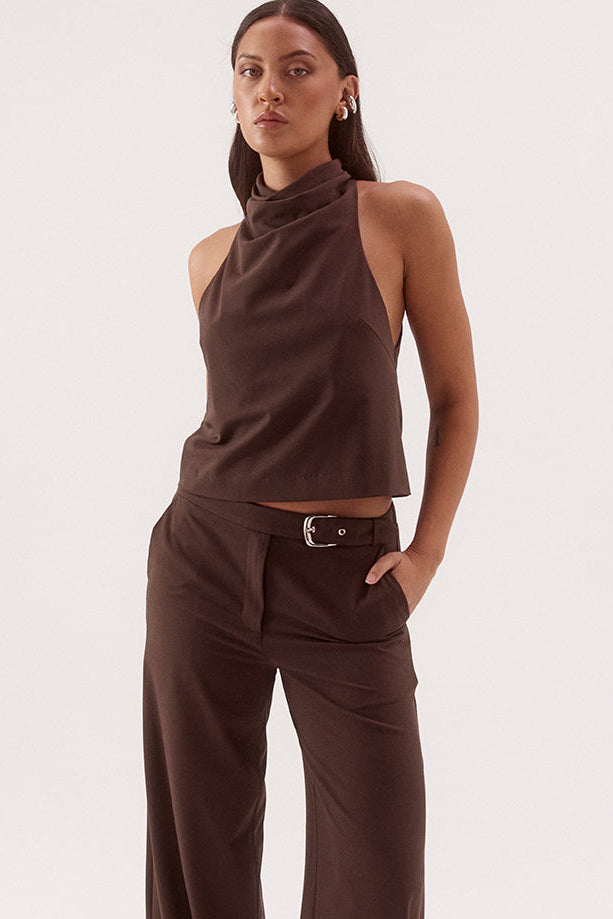 Women's bamboo blend sleeveless top with a soft cowl neckline, side neck pleats, racer back design, and relaxed fit silhouette.